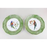 A pair of porcelain plates with hand painted decoration of parrots on branches, within a green