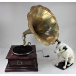 A 20th century 'His Masters Voice" gramophone player with brass horn, together with a composite