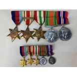 A bar of five World War II medals, 1939-45 Defence and War medals, the 1939-45 star, and the Italy