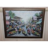 Apirak, floating market scene, Bangkok, Thailand, oil on canvas, signed, 38cm by 49cm