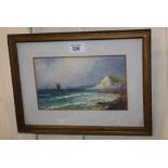 M. Pope, boat sailing off a shoreline, watercolour, signed, 13cm by 22cm