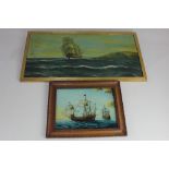 Maritime interest, ship sailing off a coastline, oil on board, unsigned, later inscribed verso '