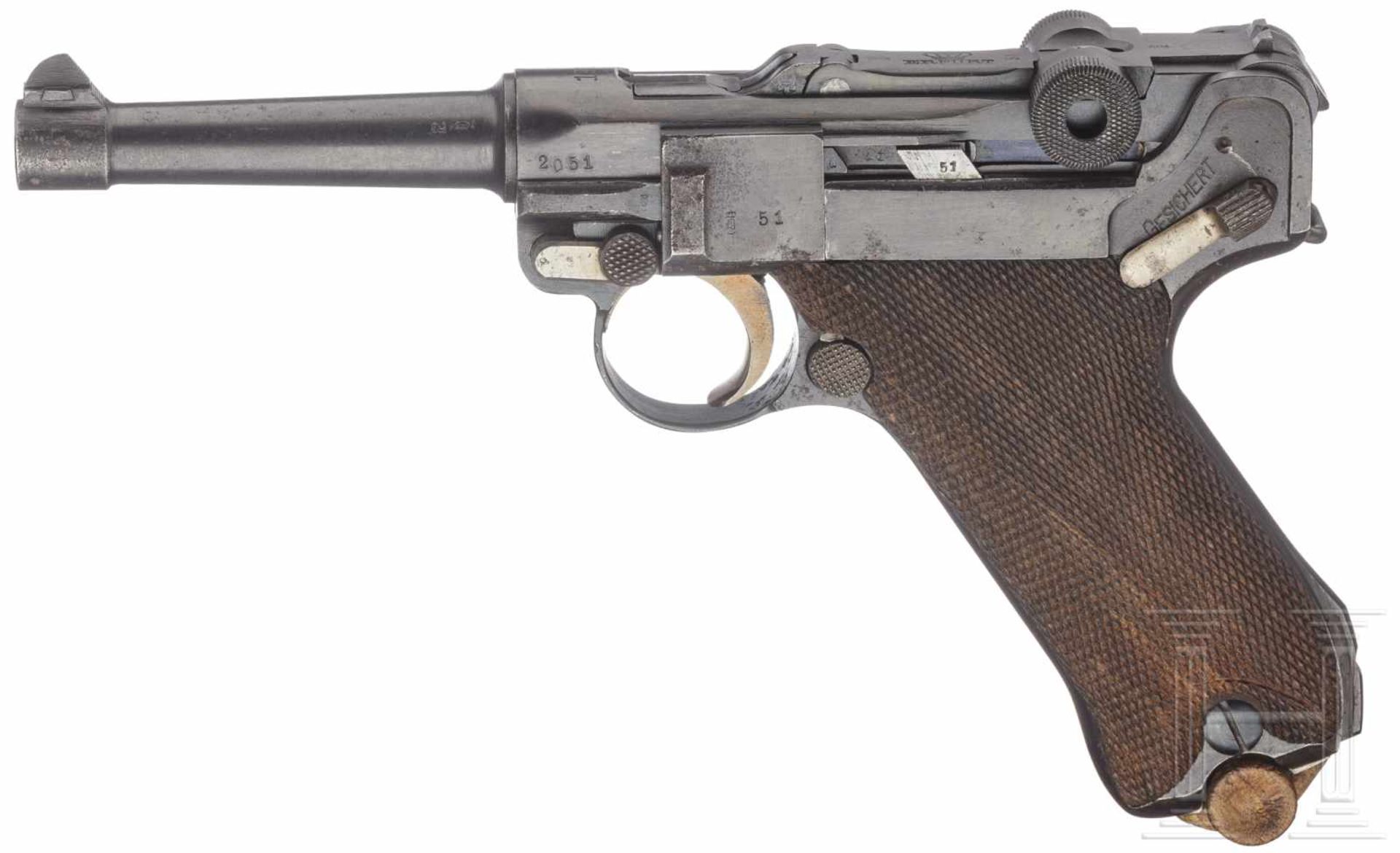 A pistol 08, Erfurt 1916, with holster and two magazines with matching numbers