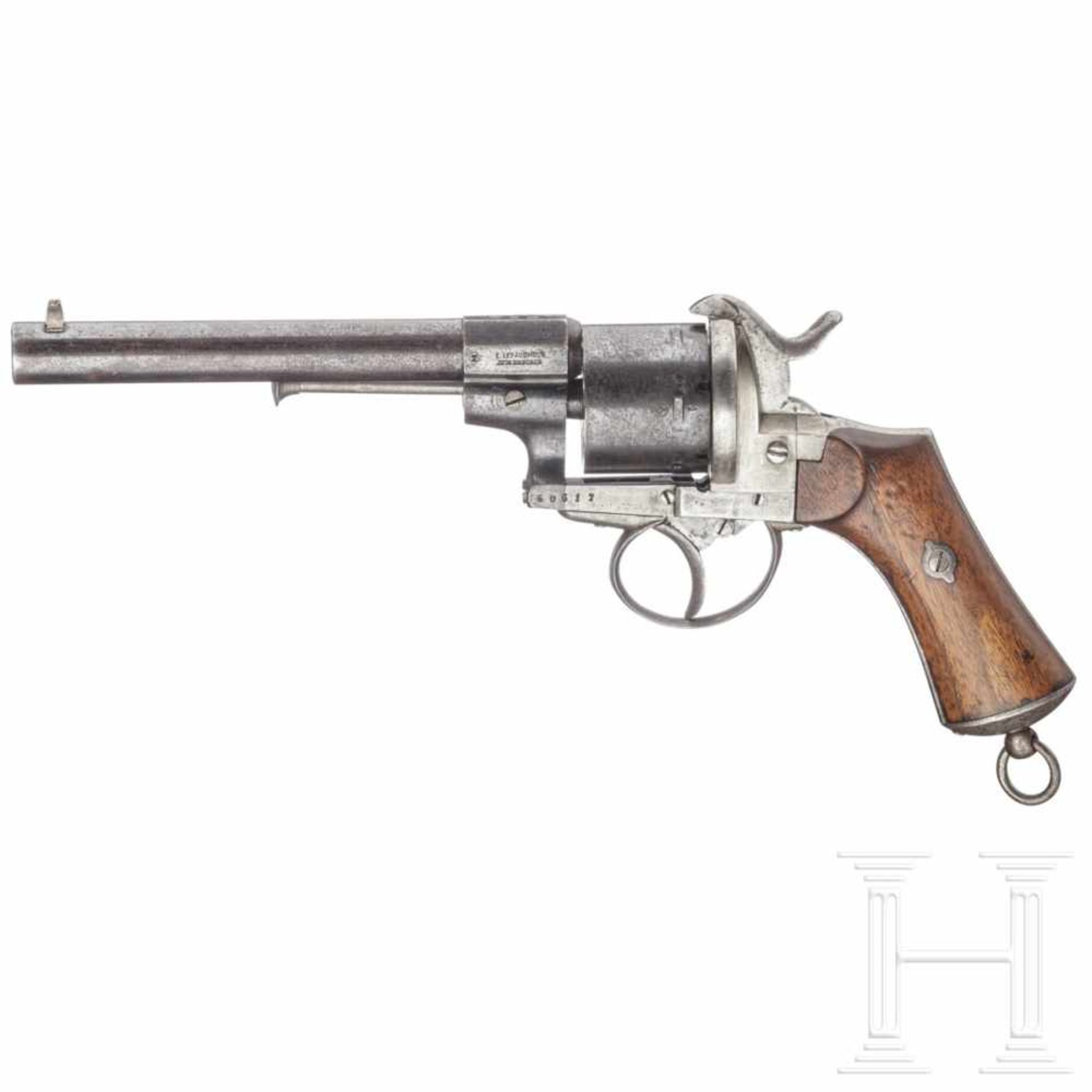 A Belgian pinfire revolver, ca. 1860Kal. 11 mm Lefaucheux, Nr. 60612, gezogener Lauf, fast blanke - Bild 2 aus 2