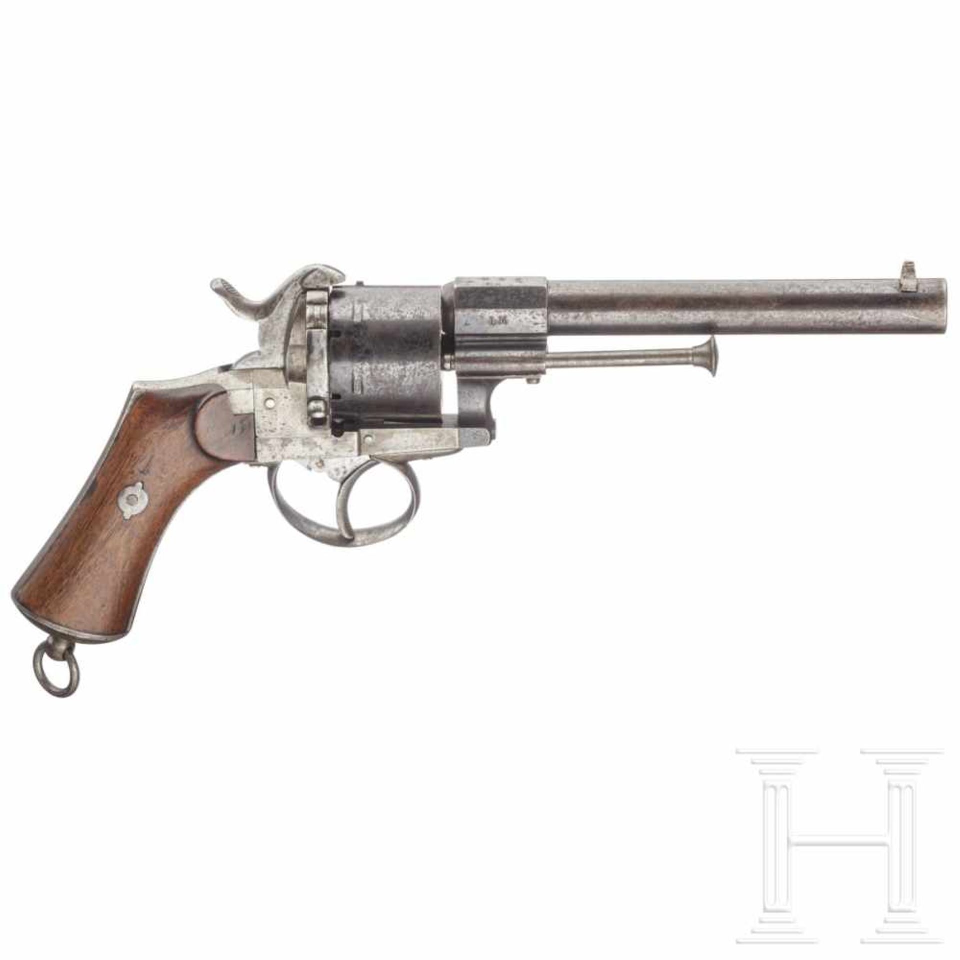 A Belgian pinfire revolver, ca. 1860Kal. 11 mm Lefaucheux, Nr. 60612, gezogener Lauf, fast blanke