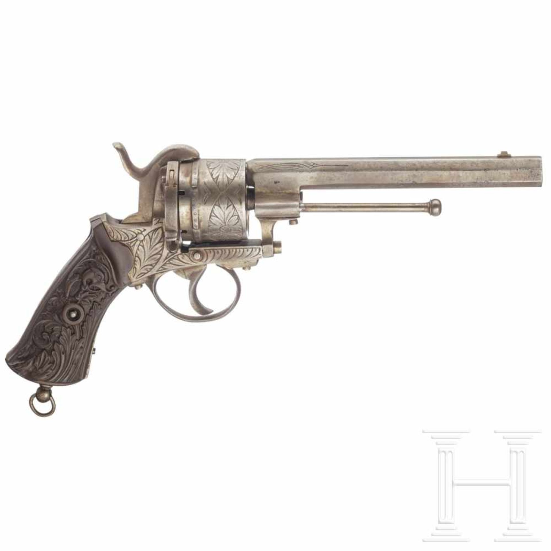 A Belgian pinfire revolver, ca. 1860Kal. 11 mm Lefaucheux, ohne Nr. Gezogener oktagonaler Lauf,