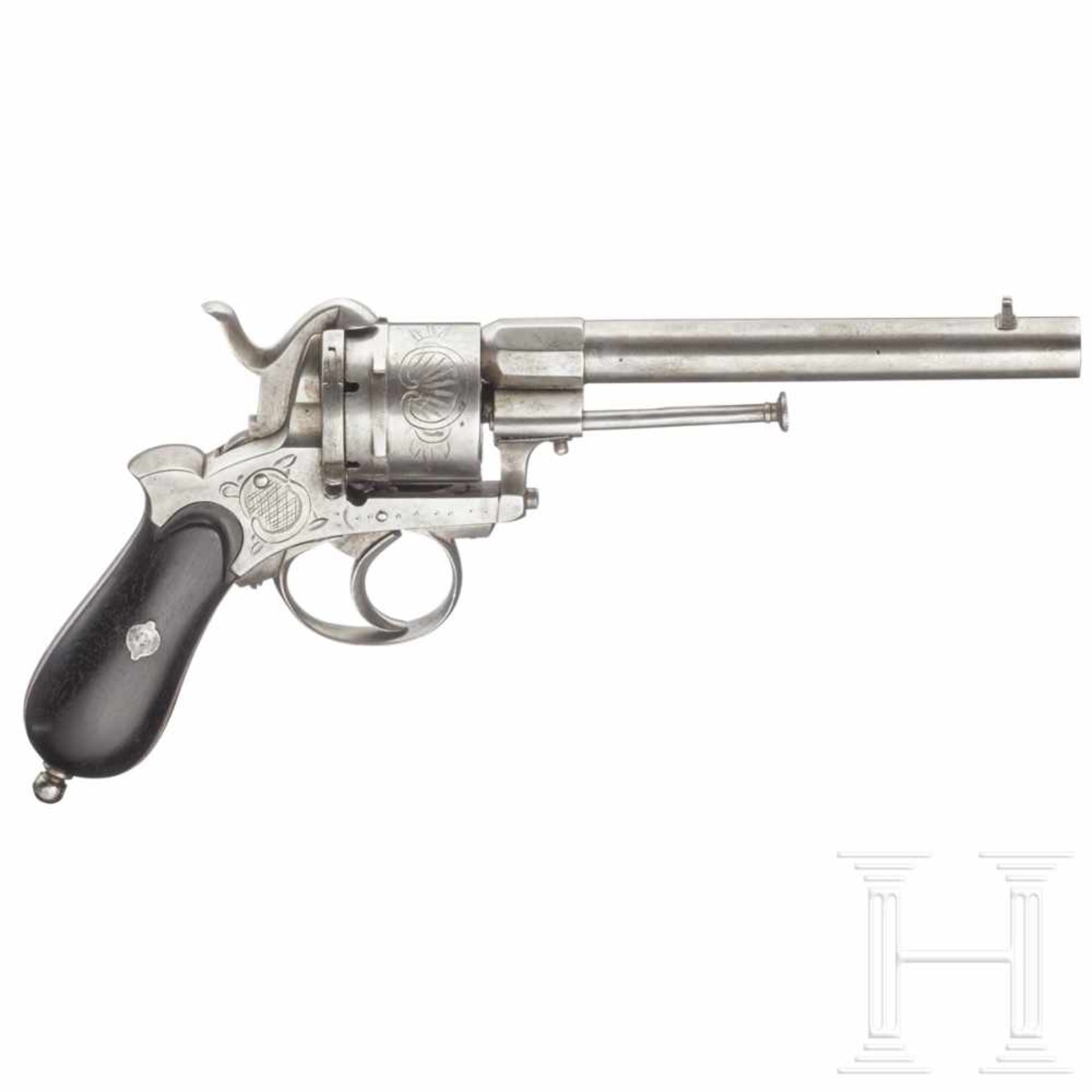 A Belgian pinfire revolver, ca. 1860Kal. 11 mm Lefaucheux, ohne Nr. Gezogener, an der Basis