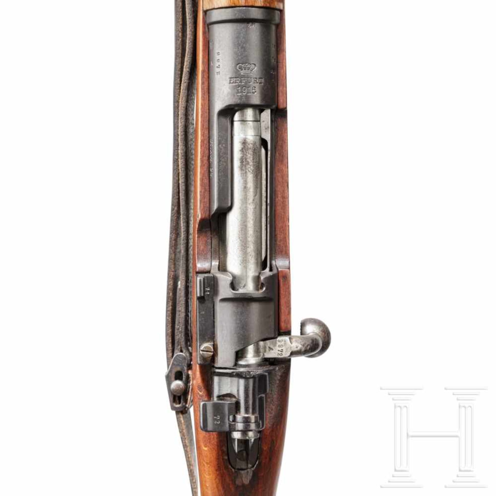 Karabiner 98 a, Erfurt 1916Kal. 8x57 IS, Nr. 9972 h, Schaft mit Beschlägen und Visierblatt, nicht - Bild 6 aus 6