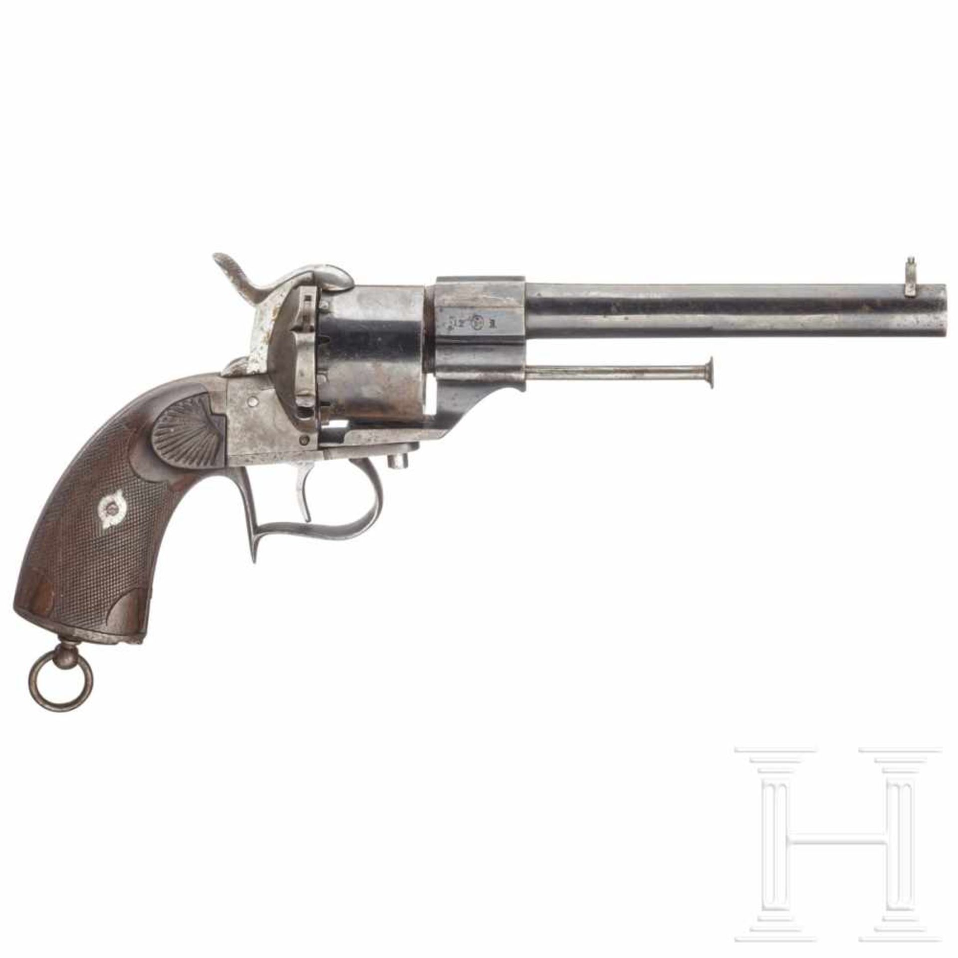 A pinfire revolver, Bascaran in Eibar, ca. 1860Kal. 9 mm Lefaucheux, Nr. 12, Gezogener, an der Basis