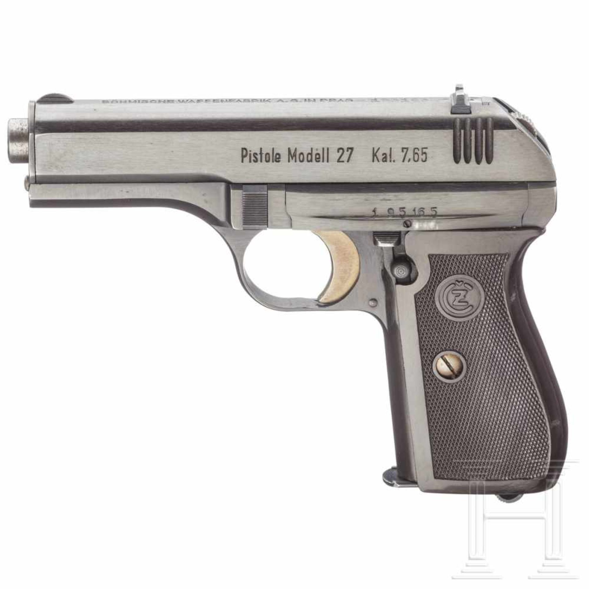 CZ Mod. 27, uncodiertKal. 7,65 mm Brown., Nr. 195165, nummerngleich. Blanker Lauf. Neunschüssig. Dt.