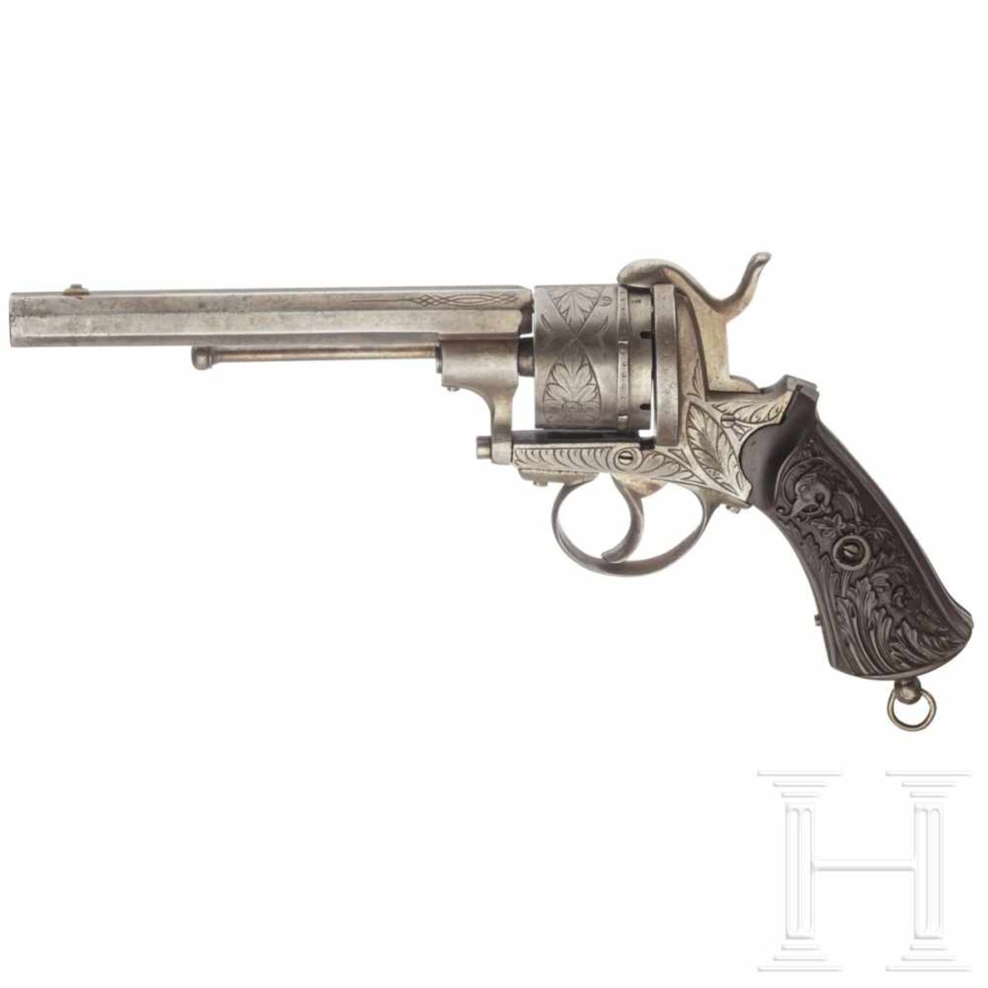 A Belgian pinfire revolver, ca. 1860Kal. 11 mm Lefaucheux, ohne Nr. Gezogener oktagonaler Lauf, - Bild 2 aus 2