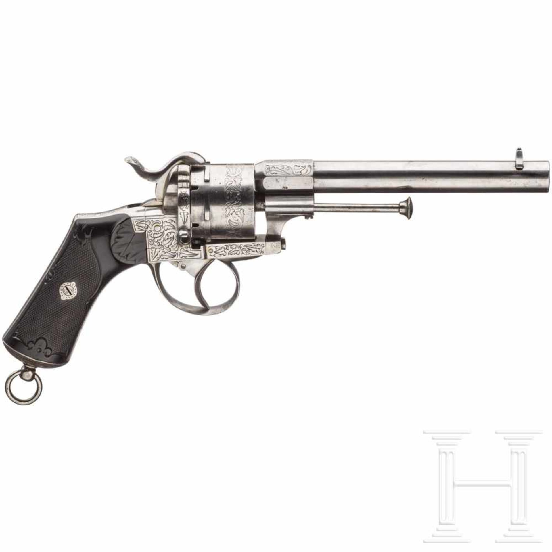 A pinfire revolver, Belgium, ca. 1870Kal. 12 mm Lefaucheux, Nr. 63321, SA/DA, fast blanker, runder