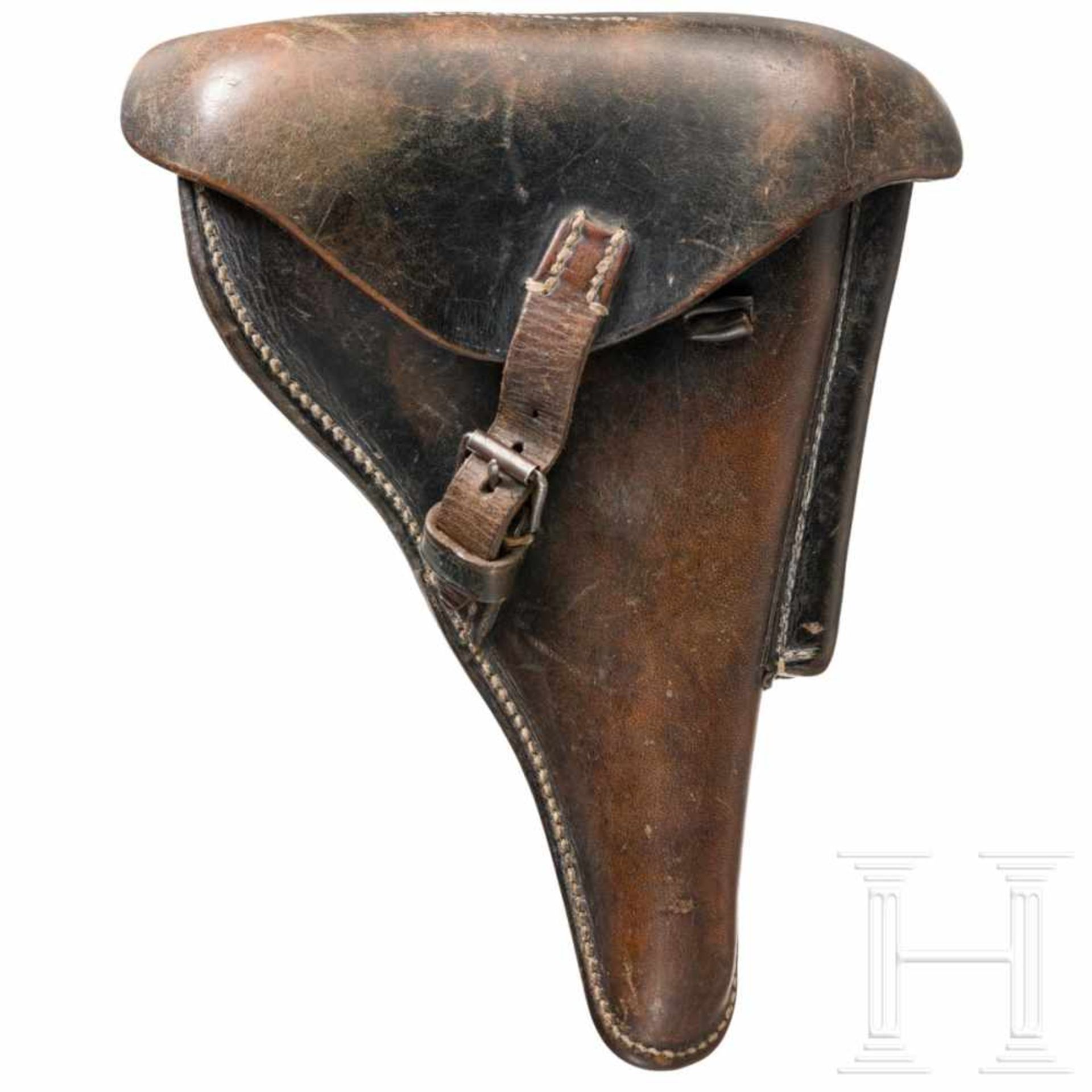 Tasche für P. 08, WehrmachtAus sehr kräftigem, dunkelbraunem Rindsleder, am Rücken Hersteller "C.