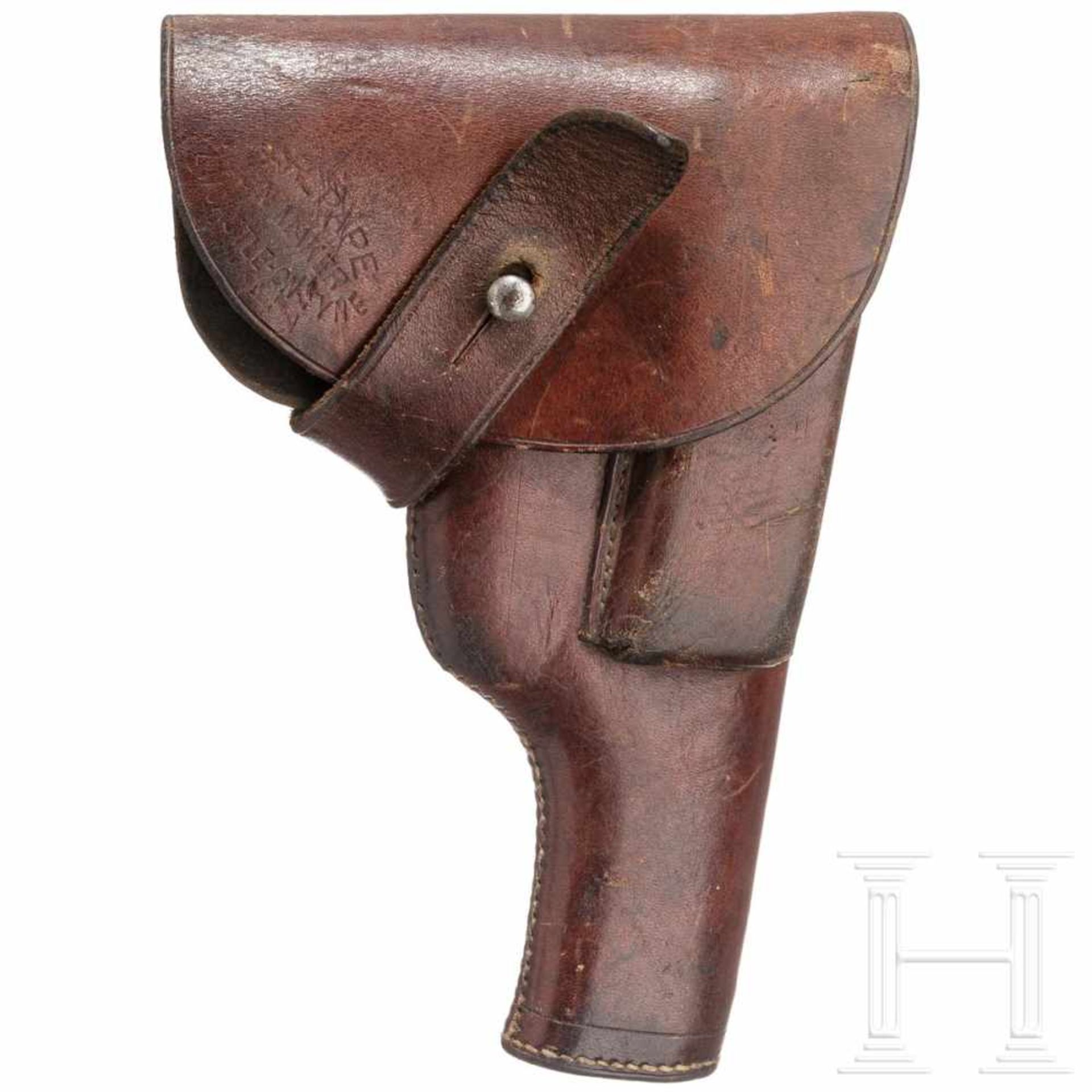 Tasche zur Colt Mod. 1903Aus kräftigem, dunkelbraunem Rindsleder. Am Deckel gemarkt "R. Pape / Gun