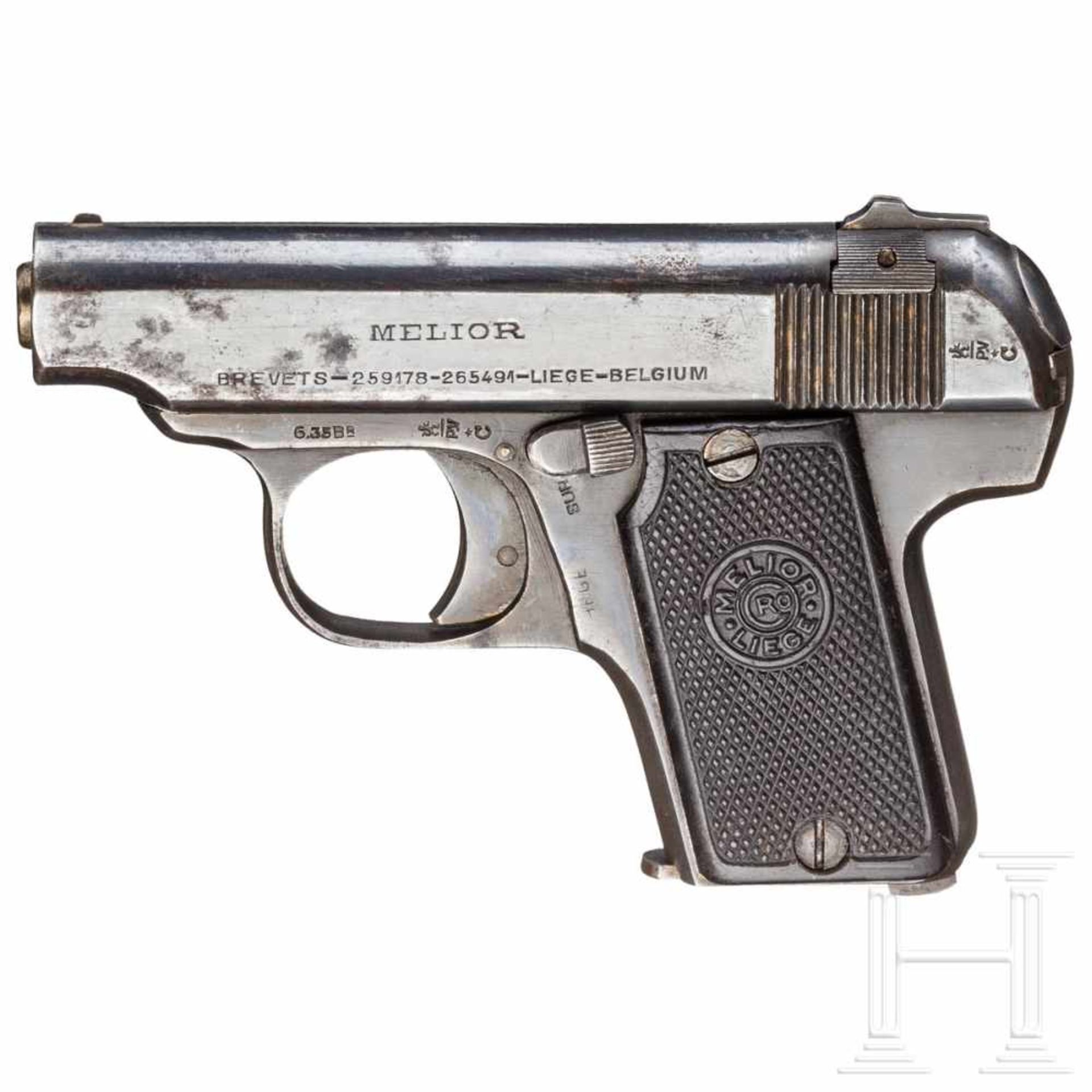 Melior "Neues Modell", mit Tasche, OffizierswaffeKal. 6,35 mm, Nr. 112085, Nummerngleich. Blanker