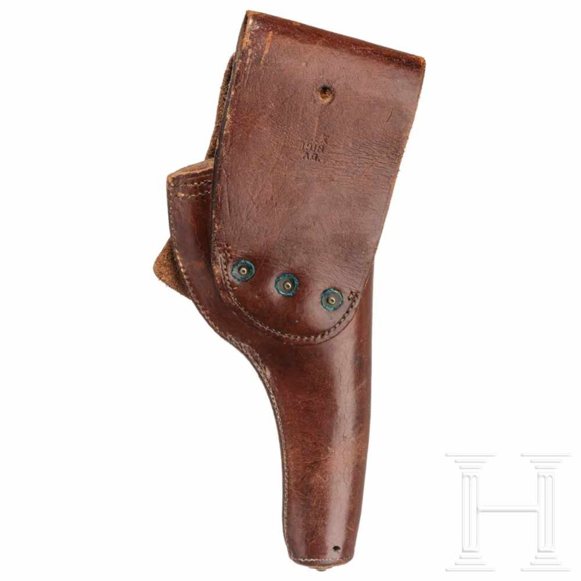 Holster zum Colt Mod. 1917Aus kräftigem, dunkelbraunem Rindsleder, Fertigung 1918. Vorderseite - Bild 2 aus 2