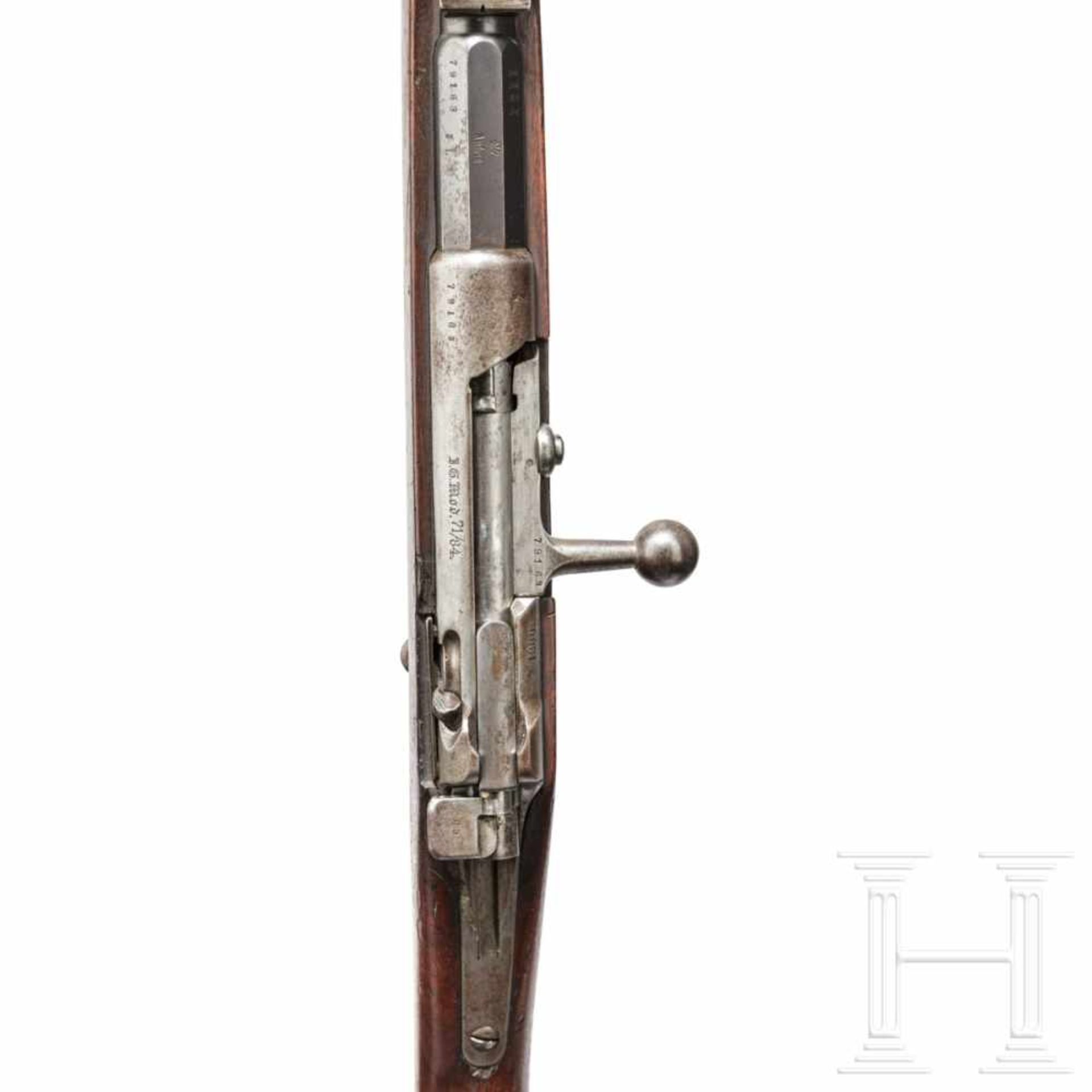 Infanteriegewehr M 1871/84, AmbergKal. 11,15x60R M71, Nr. 79163, nummerngleich. Blanker Lauf. - Bild 3 aus 6
