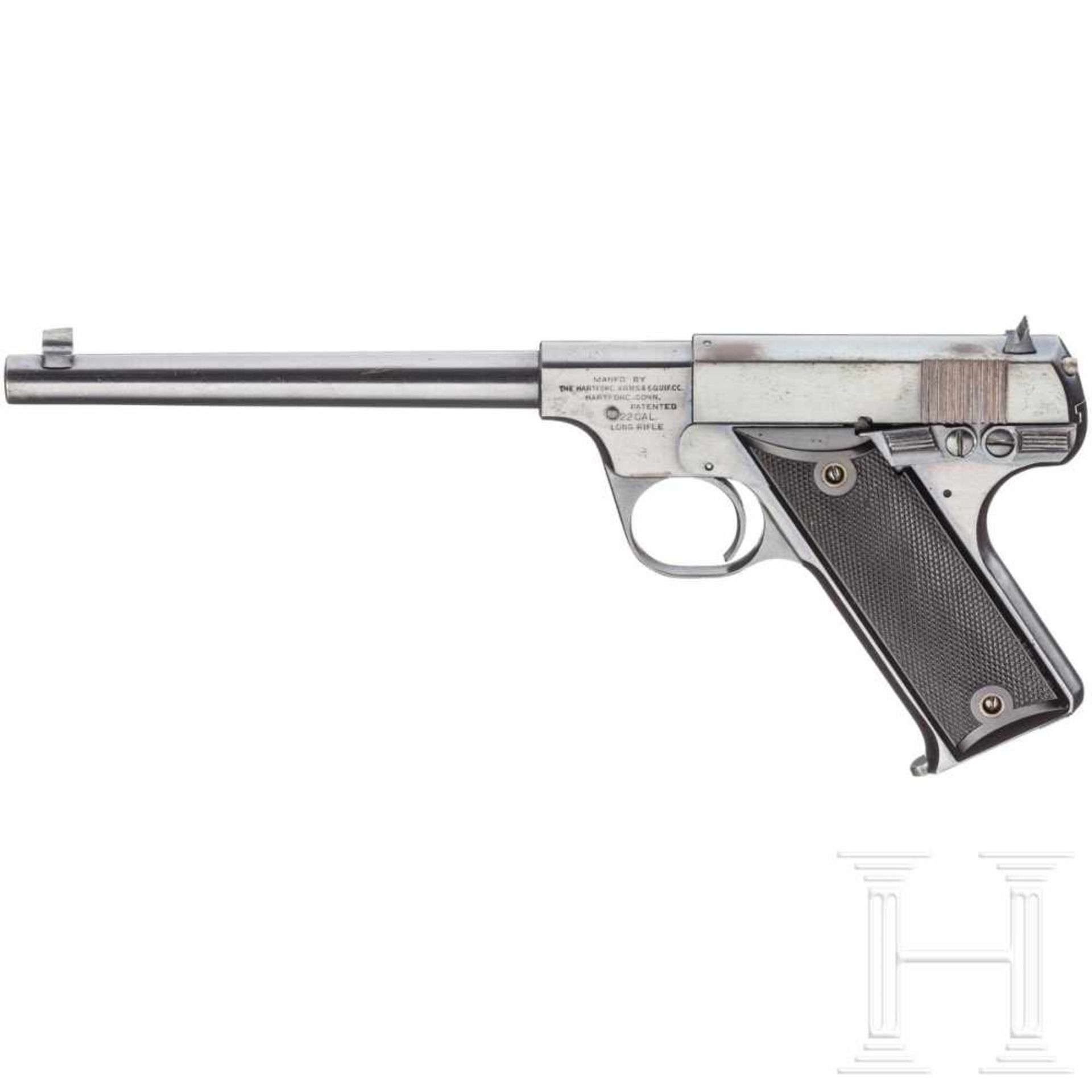 Hartford Arms Target PistolKal. .22 l.r., Nr. 3871, blanker Lauf, Länge 6-3/4". Zehnschüssig.