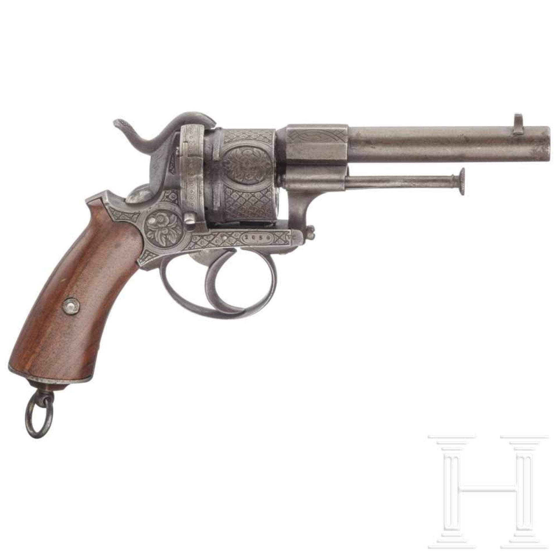 A pinfire revolver, ca. 1860Kal. 9 mm Lefaucheux, Nr. 2054. An der Wurzel oktagonaler, gezogener