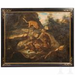 A German rocky landscape with a pride of lions, circa 1700/20Oil on canvas, re-lined. The resting