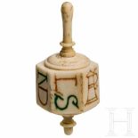 A German engraved ivory spinning top with symbols and letters, 18th/19th centuryHexagonal body in