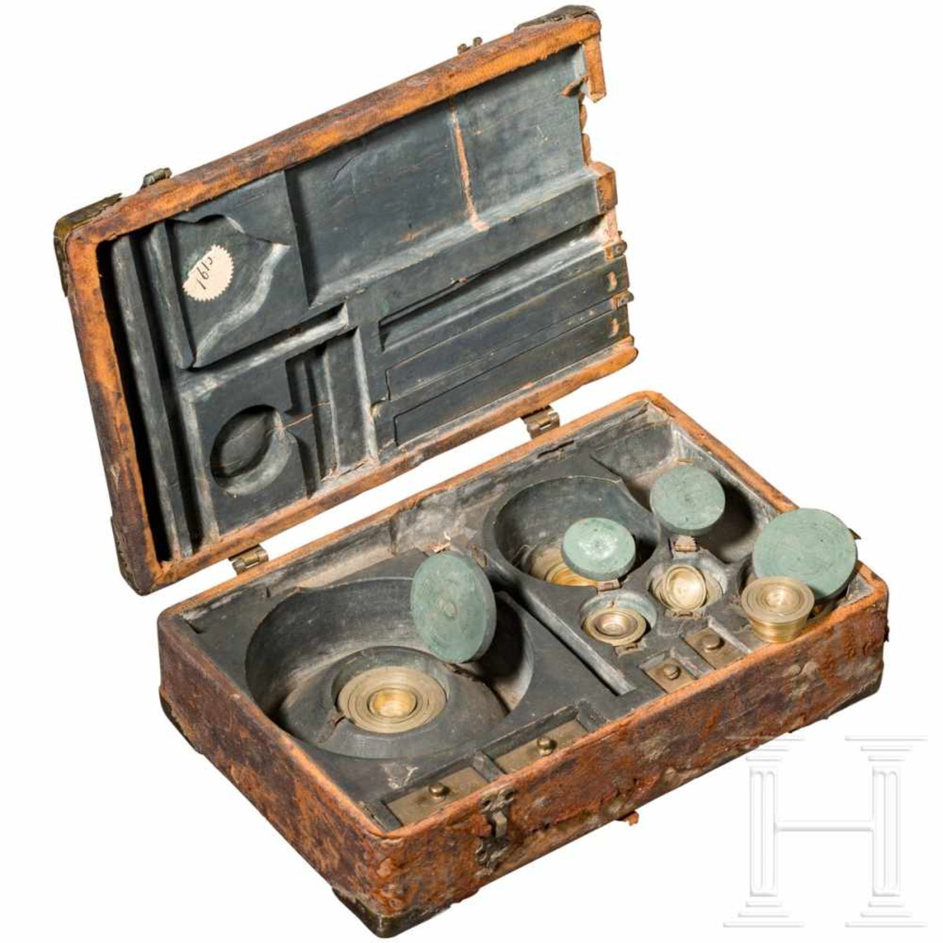 A large German Renaissance coin scale with a weight set in cassette, probably Nuremberg, circa