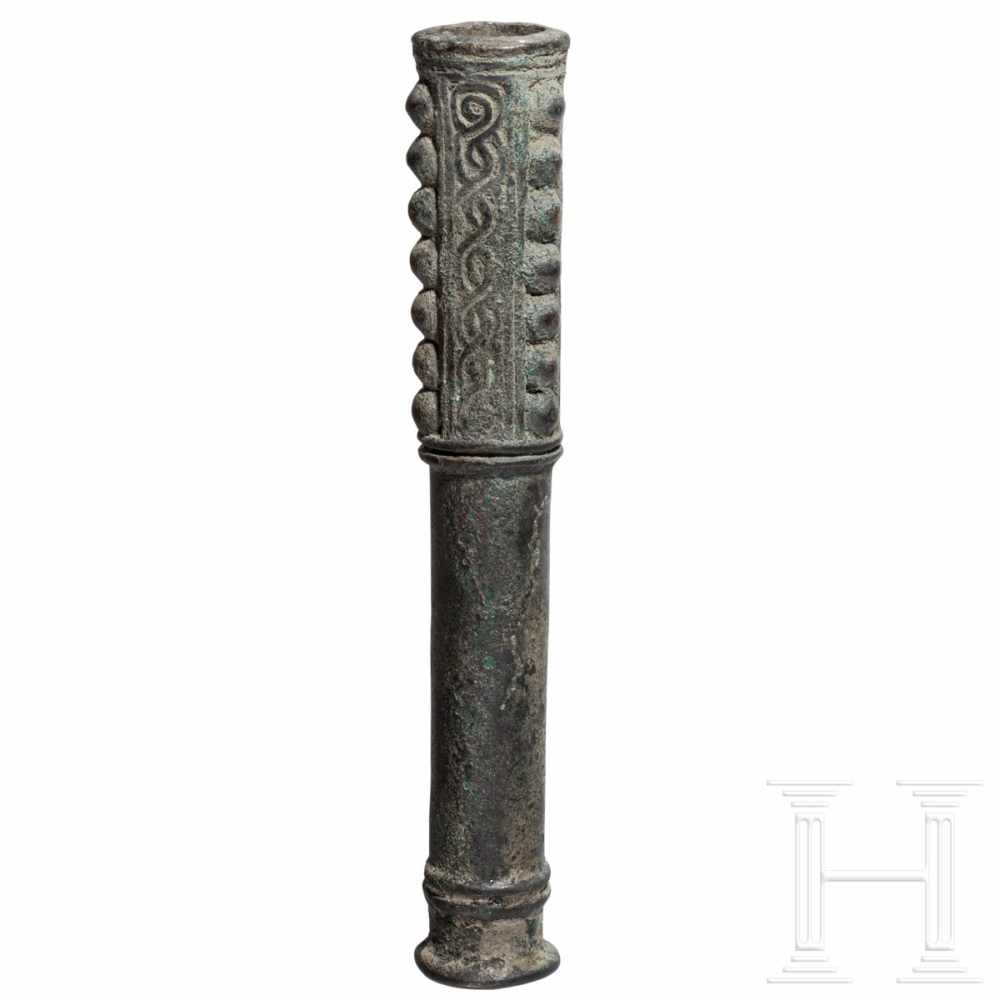 A Luristan bronze macehead, Early Bronze Age, 3rd millennium B.C.A tubular bronze macehead. Three - Image 2 of 2