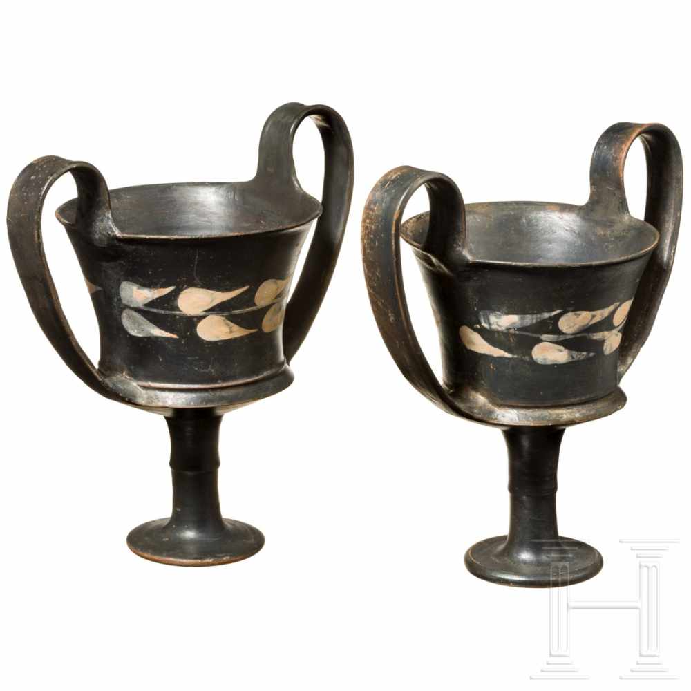 Two Boeotian kantharoi, 5th century B.C.Two large black glazed kantharoi with deep bowl and tall - Image 2 of 2
