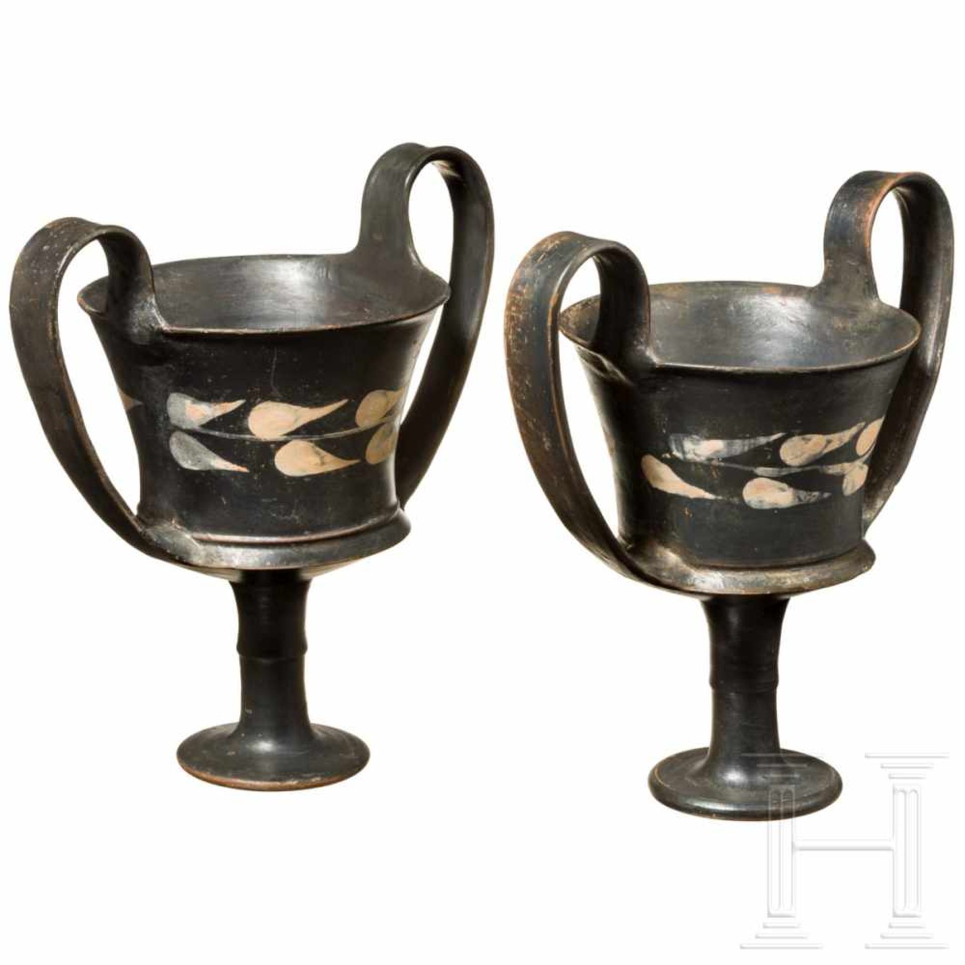 Two Boeotian kantharoi, 5th century B.C.Two large black glazed kantharoi with deep bowl and tall - Bild 2 aus 2