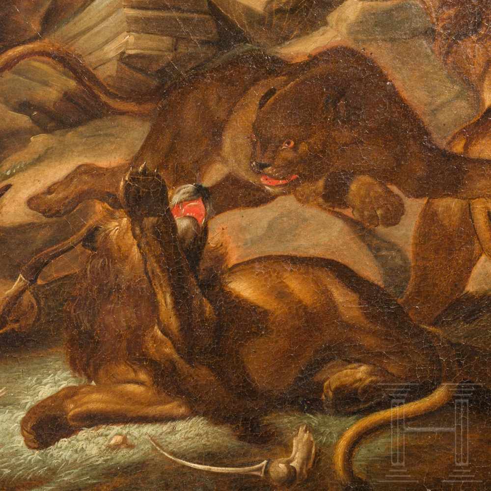 A German rocky landscape with a pride of lions, circa 1700/20Oil on canvas, re-lined. The resting - Image 3 of 4