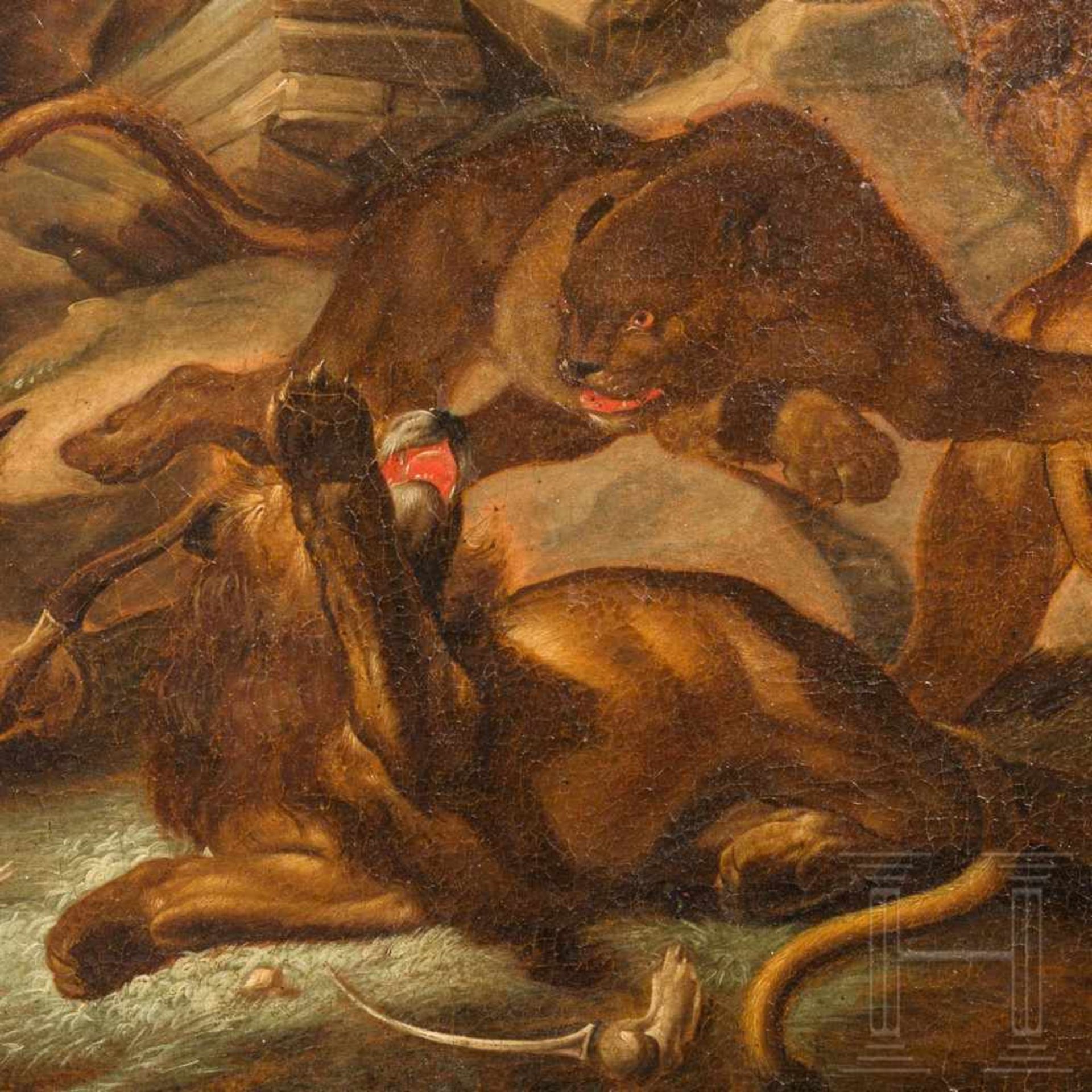 A German rocky landscape with a pride of lions, circa 1700/20Oil on canvas, re-lined. The resting - Bild 3 aus 4