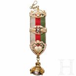 A fine German chatelaine with a monogram, dated 1930Gold-mounted band of fabric set with faceted