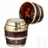 A stamped Victorian-English inkwell, 19th centuryTortoiseshell, gilded sterling silver and glass.