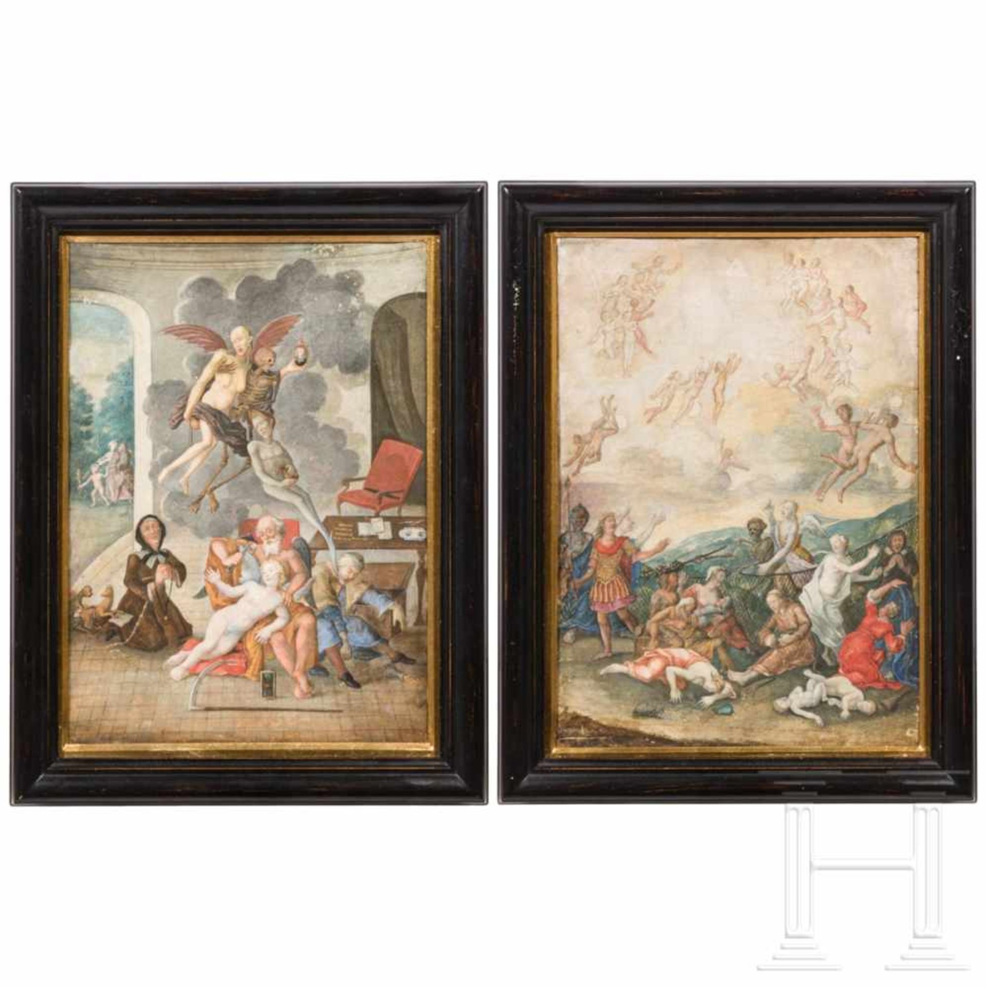 A pair of exceptional South German vanitas representations, early 18th centuryFramed watercolour and