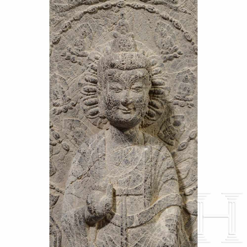 A Chinese statue of a standing Buddha, northern Wei dynasty, dated 526Grey limestone. Nearly three- - Image 3 of 4