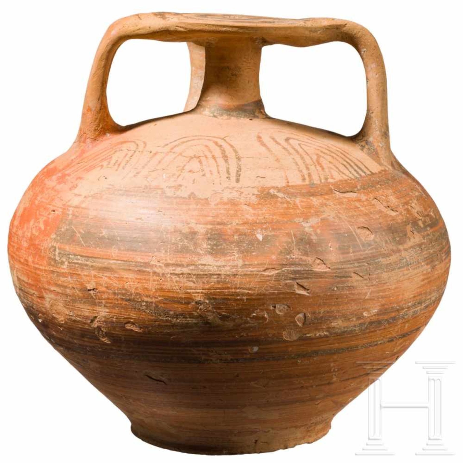 A huge Mycenean jug, 12th century B.C.The spherical belly with surrounding red and dark-brown - Bild 3 aus 3