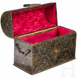 A fine darkly patinated and gold-painted Indian iron casket in the shape of a chest, 19th