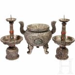 A three-part Sino-Mongolian silver altar set adorned with corals, 19th centuryAn incense burner