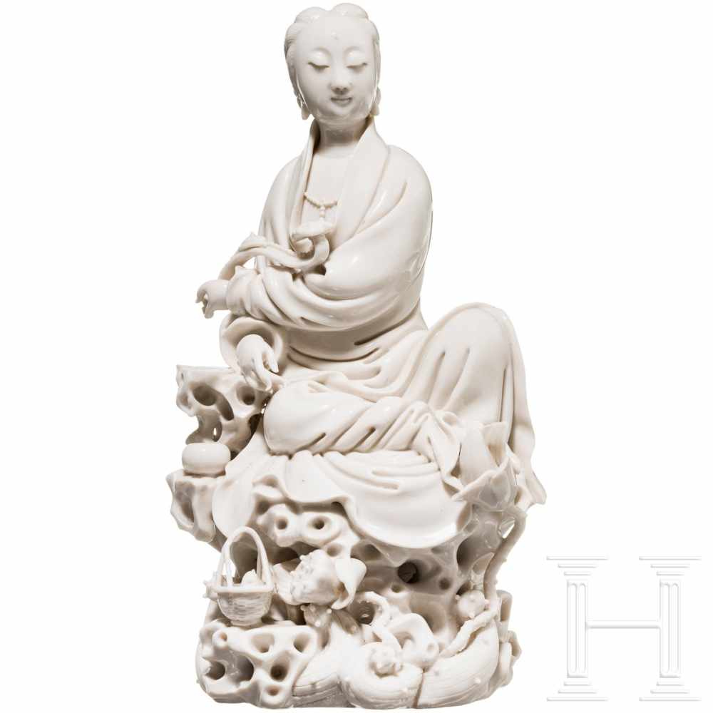 A Blanc de Chine Guanyin, Ho chao-chun in Te Hua, circa 1700Glazed white porcelain. Depiction of