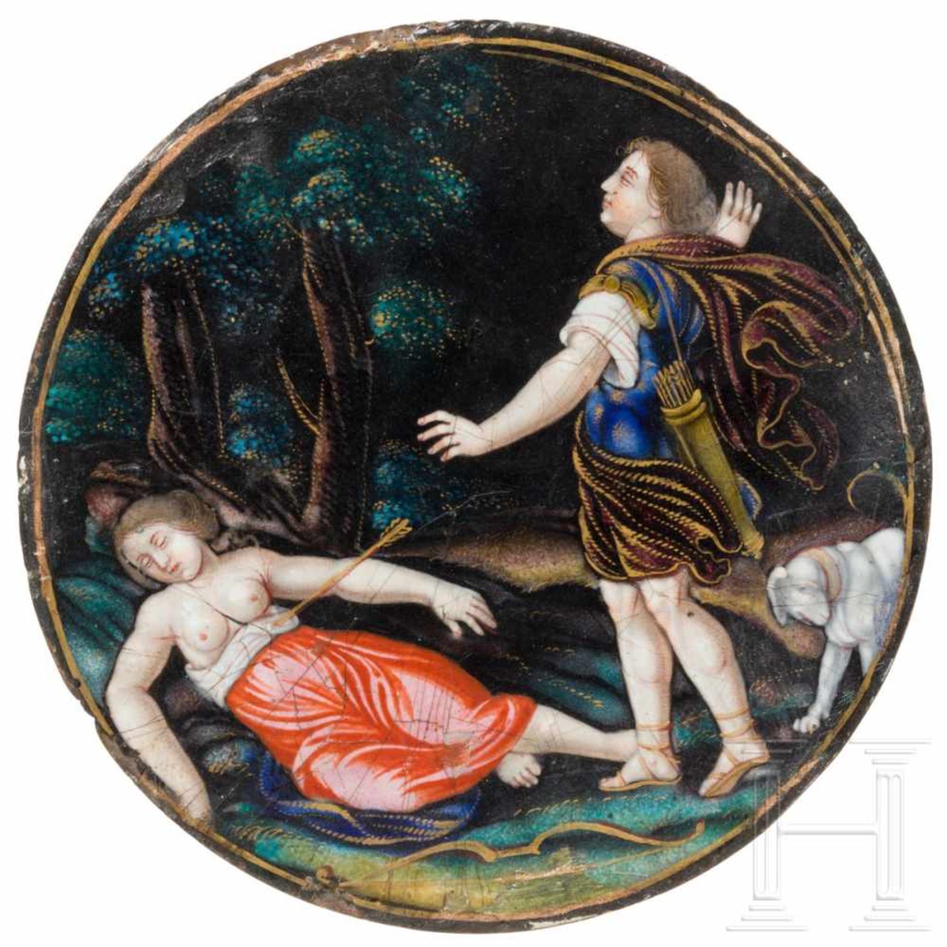 A fine enamel plaque with Cephalus and Procris, monogrammed ''I.L.'' on the back, Limoges, 17th