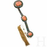 A finely enamelled Chinese sceptre (ruyi) with inlays of pink coral, 18th/19th centuryThe hollow-