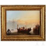 W. Janssen "early morning boat ride", Dutch, dated 1853Öl auf Holz. Hafenszene mit vollbesetztem
