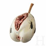 A signed Japanese ivory Shibayama Zaiku in the shape of a fruit/vulva inlayed with insects, late-