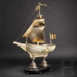A magnificent, French or German table centrepiece in the shape of a large ivory ship, 1st half of