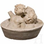 An early French sculpture of three children in a barrel or tub, Lorraine, 2nd half of the 16th
