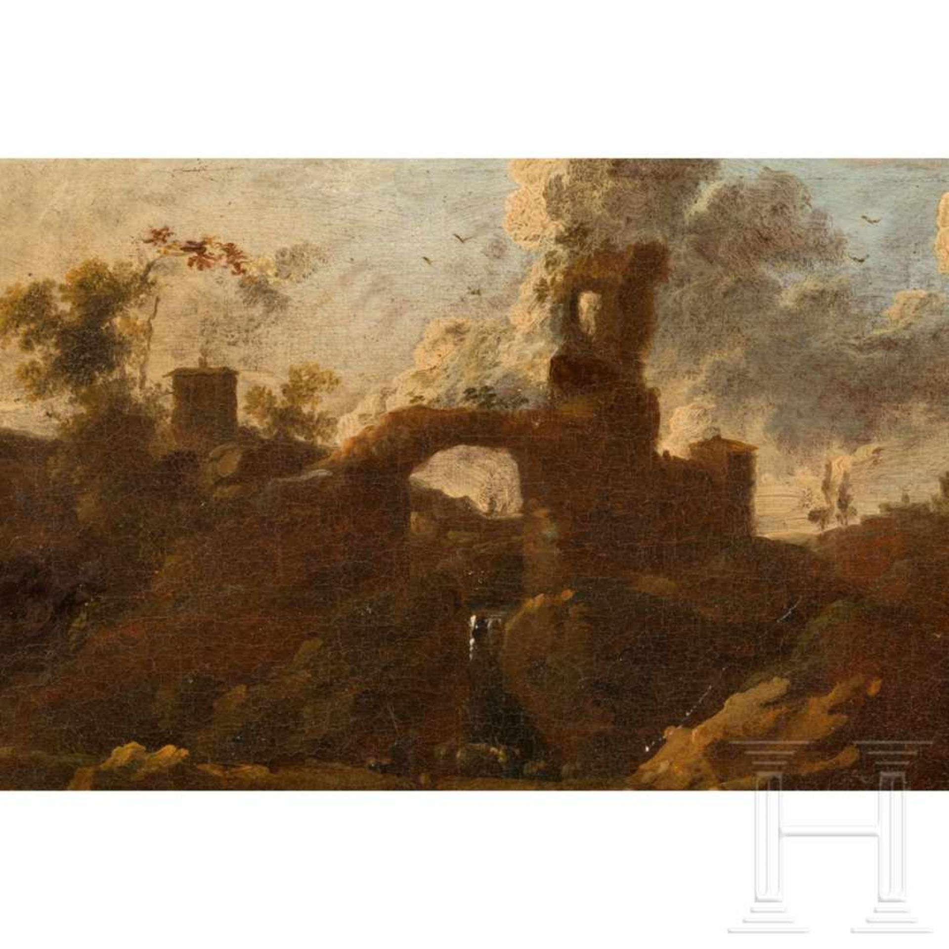 An oil painting - Herders in rocky Italian landscape, in the manner of Rosa da Tivoli, late 17th - Bild 4 aus 5