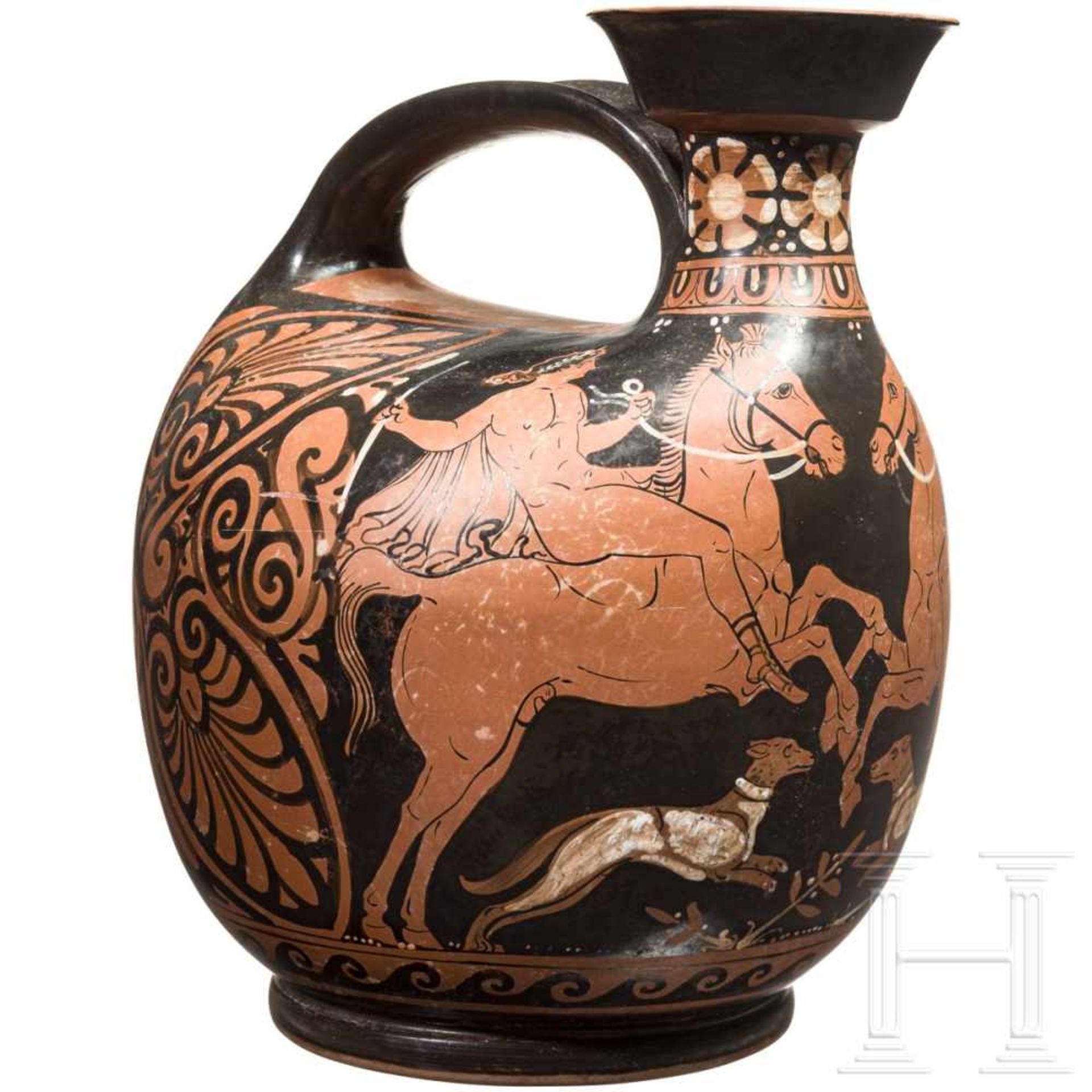 A high quality imitation of an Askos with a red figure rider sceneRed figure Askos each with a naked