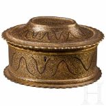 An Indian gold-damascened casket, Rajasthan, 19th centuryOval iron body made in one piece. The