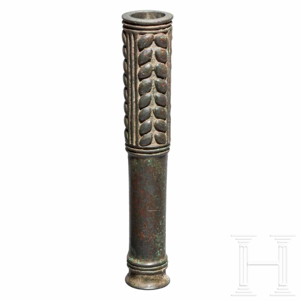 A Luristan bronze macehead, Early Bronze Age, 3rd millennium B.C.A tubular bronze macehead. The - Image 2 of 2