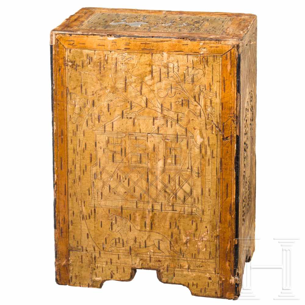 A Persian cabinet-case covered in birch bark, dated 1834Hochrechteckiger Holzkorpus mit fein - Image 4 of 4